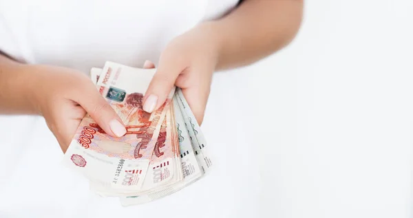 Close View Woman Holding Pile Rubles — Stock Photo, Image