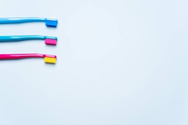 Parlak renk renkli diş fırçaları kıllar hafif pastel mavi zemin üzerine