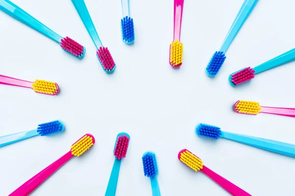 Colorful Toothbrushes Bright Color Bristles Light Pastel Blue Background — Stock Photo, Image