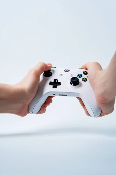 Close View Male Hands Holding Xbox Gamepad Controller Joystick Blue — Stock Photo, Image