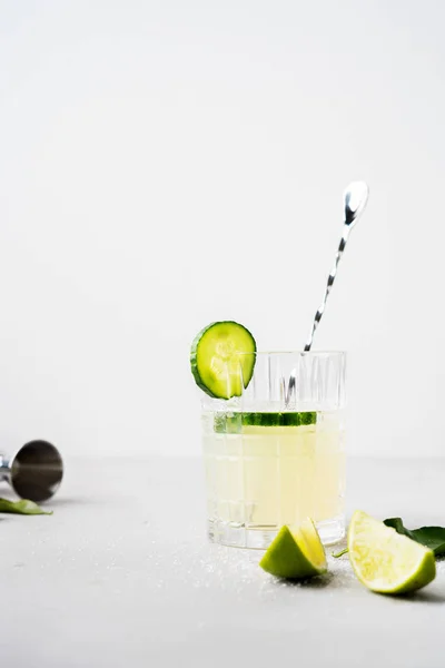 Fresh Cocktail Cucumber Garnished Lime Slices Micro Greens White Background — Stock Photo, Image