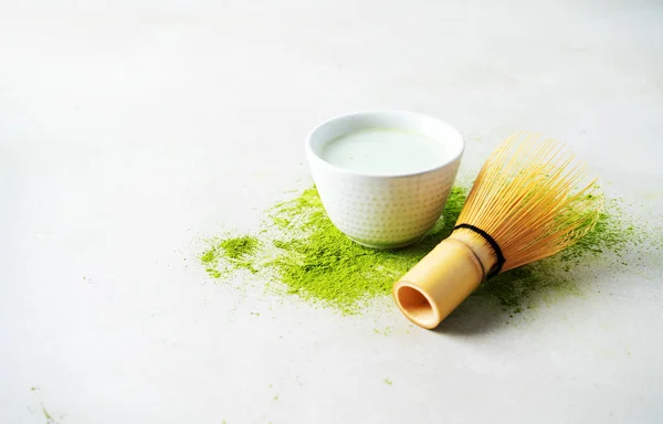 Organic Green Tea Matcha Powder Chasen Bamboo Whisk Bowl Brewing — Stock Photo, Image