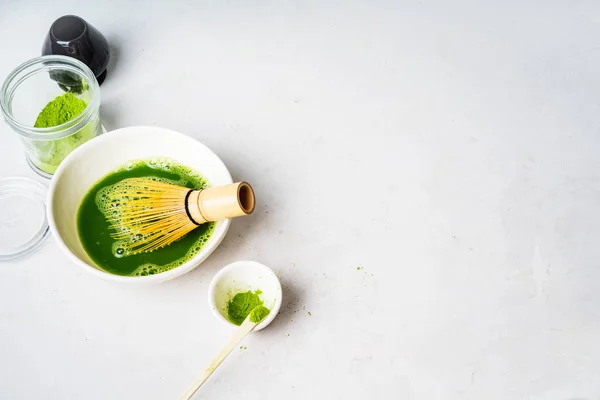 Verde Japonés Orgánico Herramientas Batidor Bambú Chasen Cuchara Chashaku Tazón — Foto de Stock