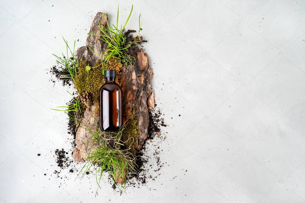 Bark tree with tiny mosses and grass and organic cosmetic products in glass brown bottle