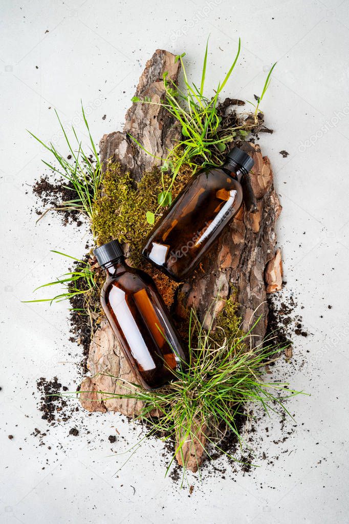 Top view of bark tree with tiny mosses and two glass brown bottles on white background