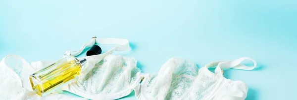 Stylish Lace Underwear Set Perfume Turquoise Background — Stock Photo, Image