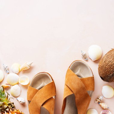 Pembe pastel arka plan üzerinde deri trendy parmak arası terlik, kabuklar ve tropikal meyvelerüst görünümü