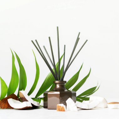 Aroma reed difüzör şişe eve koku rattan sopa ve beyaz arka plan üzerinde taze Hindistan cevizi adet ile 