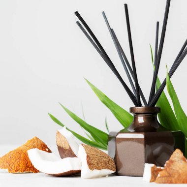 Aroma reed difüzör şişe eve koku rattan sopa ve beyaz arka plan üzerinde taze Hindistan cevizi adet ile 