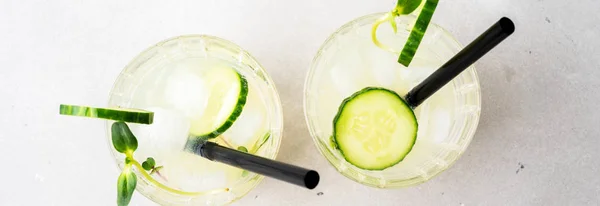 Fresh Summer Cocktail Cucumber Garnished Cucumber Slices Sprouts Micro Greens — Stock Photo, Image