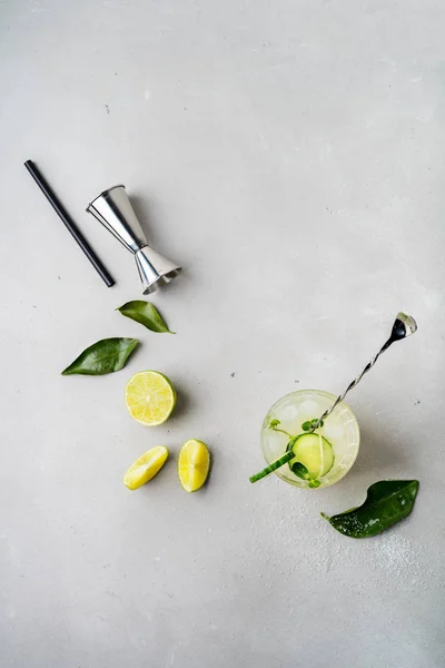 Verse Cocktail Met Komkommer Gegarneerd Met Kalk Plakjes Micro Greens — Stockfoto