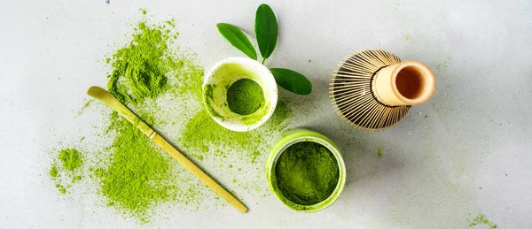 Organic Green Tea Matcha Powder Chasen Bamboo Whisk Bowl Brewing — Stock Photo, Image