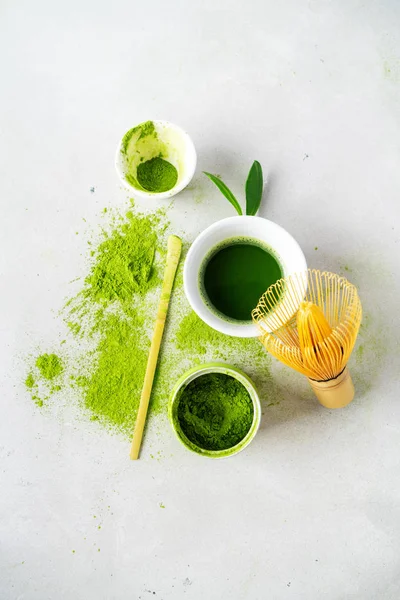 Organic Green Tea Matcha Powder Chasen Bamboo Whisk Bowl Brewing — Stock Photo, Image