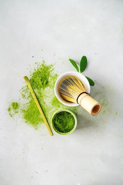 Organic Green Tea Matcha Powder Chasen Bamboo Whisk Bowl Brewing — Stock Photo, Image