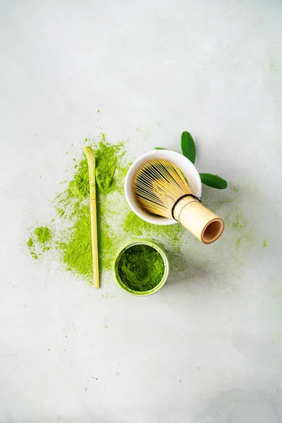 Organic Green Tea Matcha Powder Chasen Bamboo Whisk Bowl Brewing — Stock Photo, Image