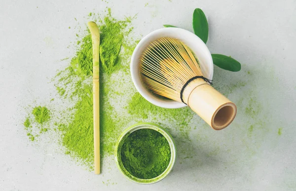 Organic Green Tea Matcha Powder Chasen Bamboo Whisk Bowl Brewing — Stock Photo, Image