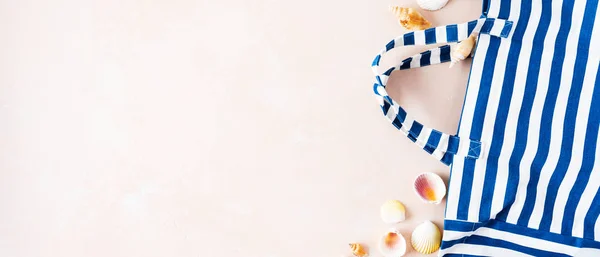 Striped Beach Bag Shells Pink Pastel Background — Stock Photo, Image