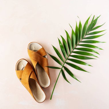 Pembe pastel arka plan üzerinde deri kahverengi parmak arası terlik ve tropikal palmiye yaprağı üst görünümü