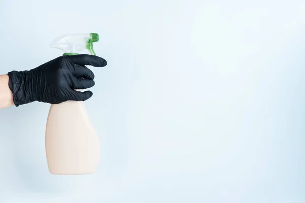 Hand Black Rubber Glove Holding Cleaning Product Bottle Detergent Light — Stock Photo, Image