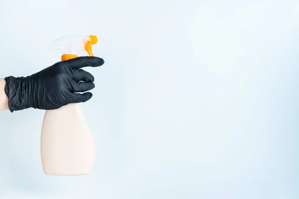 Hand Black Rubber Glove Holding Cleaning Product Bottle Detergent Light — Stock Photo, Image