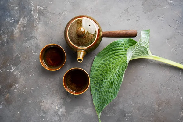 传统的粘土日本茶壶京木与侧手柄与茶杯和绿叶灰色混凝土背景 — 图库照片