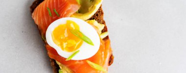 Beton arka plan üzerinde avokado, somon, yumurta ve bahar soğan ile çok tahıllı kepekli tost sağlıklı sandviç