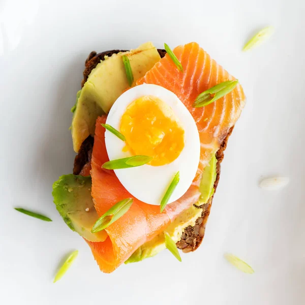 Beton arka plan üzerinde avokado, somon, yumurta ve bahar soğan ile çok tahıllı kepekli tost sağlıklı sandviç