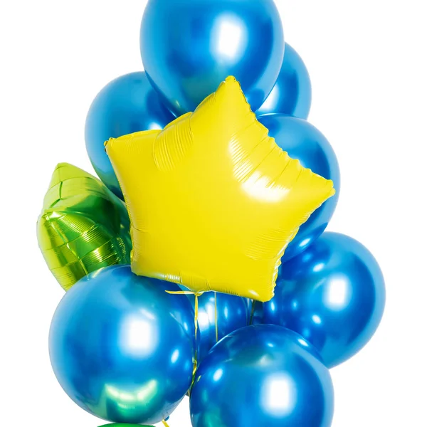Set Van Blauw Geel Groen Folie Helium Ballonnen Geïsoleerd Witte — Stockfoto