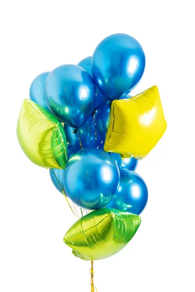 Set Van Blauw Geel Groen Folie Helium Ballonnen Geïsoleerd Witte — Stockfoto