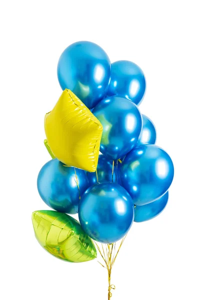 蓝色和黄色 绿色箔氦气球在白色背景上隔离 — 图库照片