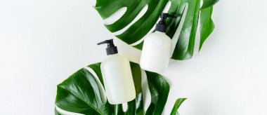 Yeşil yaprakları ile gri beton arka plan üzerinde ambalaj için şişe Kozmetik seti