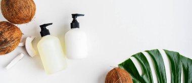 Yeşil yaprak ve hindistan cevizi ile gri beton arka plan üzerinde ambalaj için şişe Kozmetik seti 