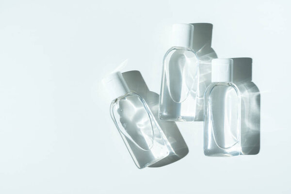 Antibacterial sanitizers for hands on white background. Personal hygiene product.