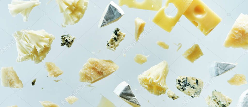 Long food banner with different kinds of cheeses flying in the air with crumbs isolated on white background. Cheeses plate menu. 