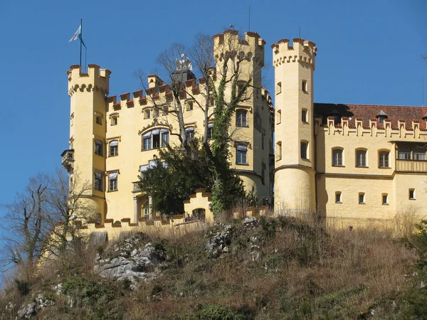 Schwangau Hívják Falu Királyi Várak Mely Neuschwanstein Hohenschwangau Emelkedik Felett — Stock Fotó