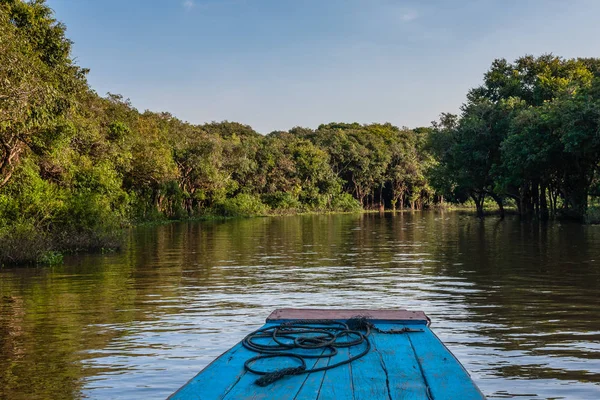 Una Barca Galleggia Attraverso Canale Cespuglio Mangrovie Sul Tonle Sap — Foto Stock