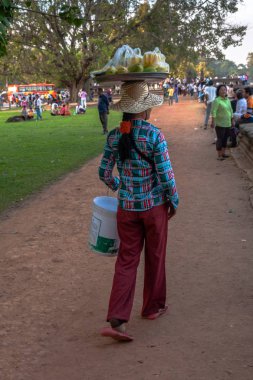 Kafasında taze meyve olan bir tepsi taşıyan Kamboçyalı bir kadın.