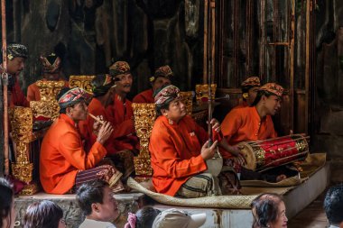 Gamelan orkestrası bir tiyatro gösterisi sırasında, Bali, Endonezya