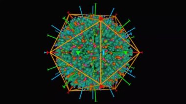 İnsan Herpesvirus 6B 'sinin atomik yapısı izohedral simetri gösterildi, dinamik 3D Gaussian yüzey modeli, siyah arkaplan