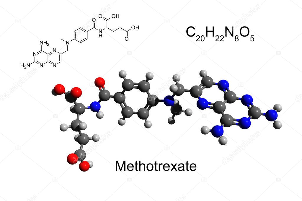 Chemical formula, structural formula and 3D ball-and-stick model of Methotrexate (MTX), formerly known as amethopterin, a chemotherapy agent and immune system suppressant, white background