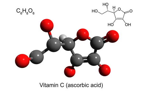 Kimyasal formül, yapısal formül ve C vitamini (askorbik asit), beyaz zemin