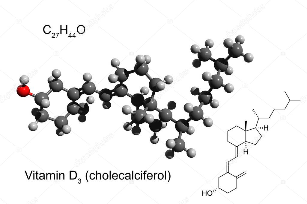 Chemical formula, structural formula and 3D ball-and-stick model of vitamin D3 (cholecalciferol), white background
