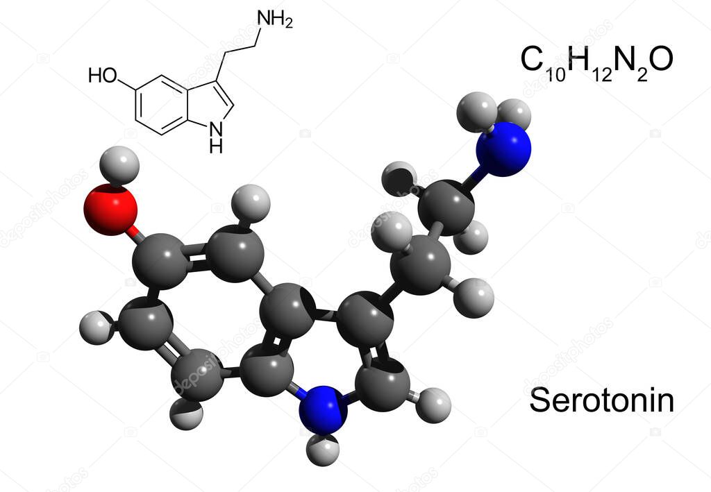 Chemical formula, structural formula and 3D ball-and-stick model of a neurotransmitter serotonin, white background