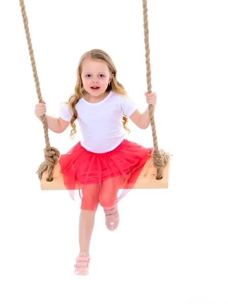 Mooi Meisje Swingen Een Schommel Het Concept Van Familie Geluk — Stockfoto