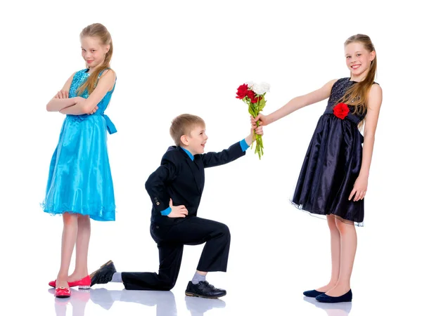 Little Boy Gives Little Girl Flowers Concept Happy Childhood Love — Stock Photo, Image