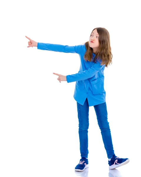 Menina aponta com um dedo — Fotografia de Stock
