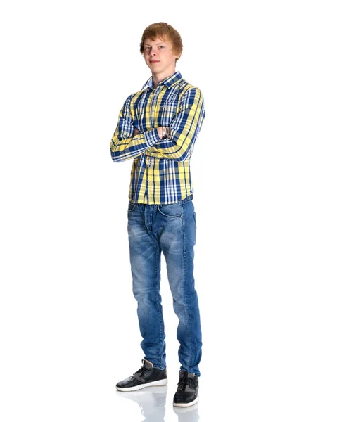 Ung Rödhårig Kille Skjorta Och Jeans Isolerad Vit Bakgrund — Stockfoto