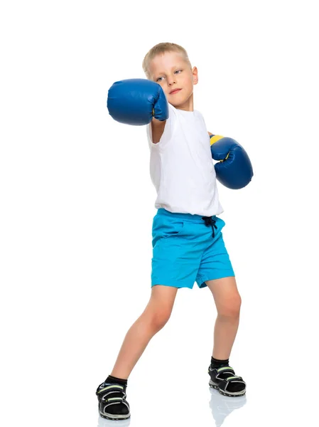 Een jongetje in een schone witte T-shirt en bokshandschoenen. — Stockfoto