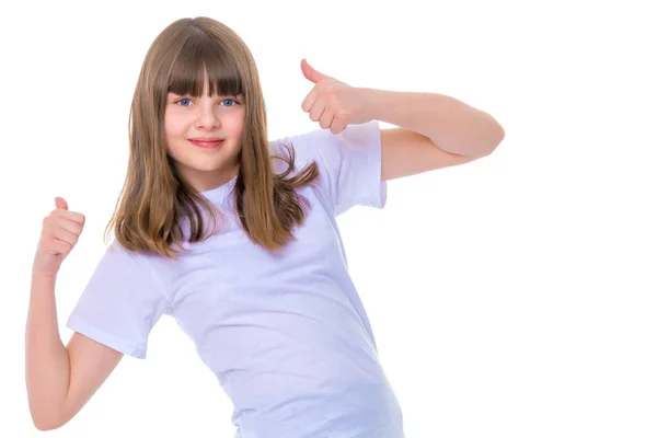 Klein meisje houdt haar duim omhoog — Stockfoto