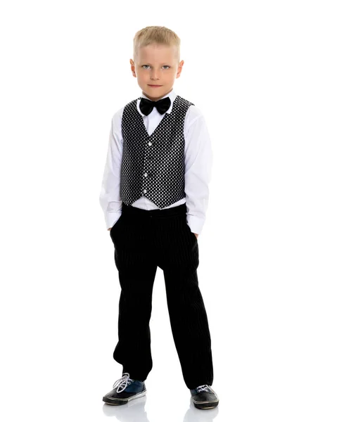 A little boy in a waistcoat with a butterfly. — Stock Photo, Image